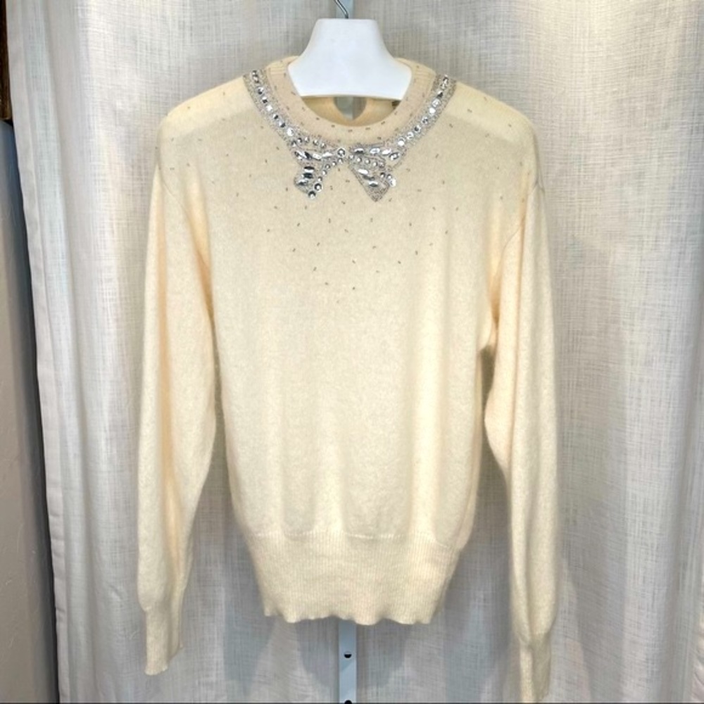 Vintage 90’s Justine Todd Cream Angora & Wool Sweater with Jeweled Bow - S